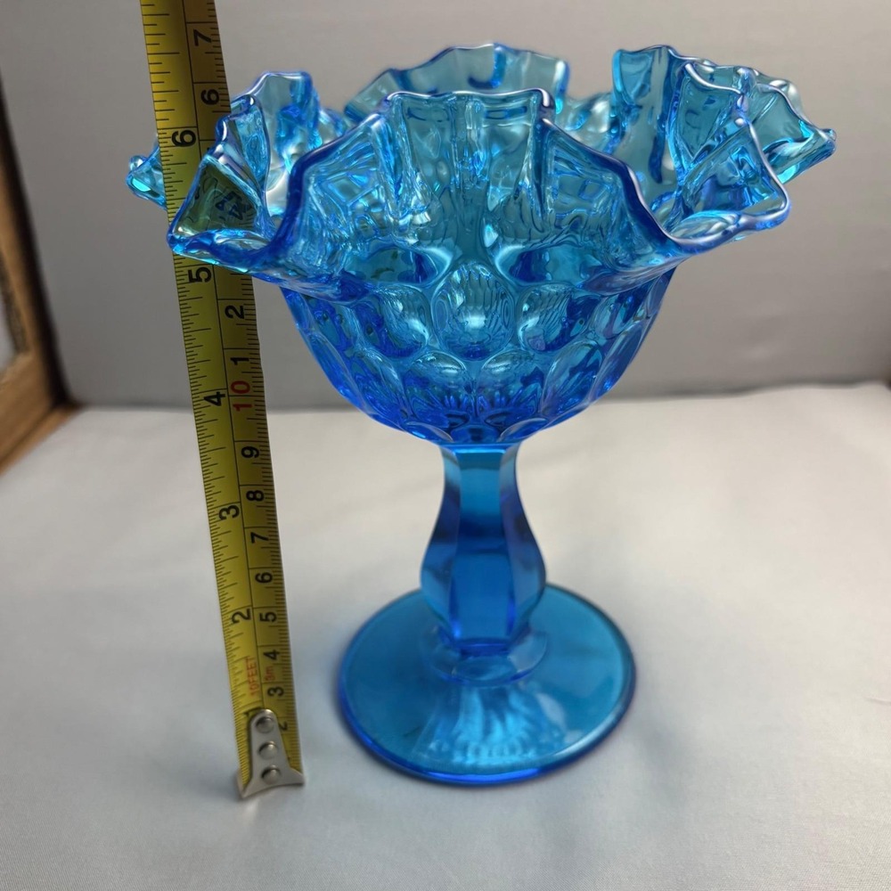 Vintage Fenton Colonial Blue Thumbprint Compote Ruffled Pedestal Bowl - Picture 8 of 8